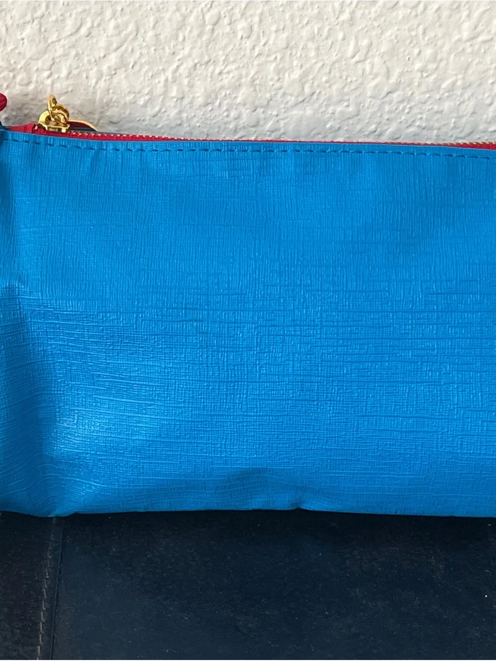 Moschino Bright Blue Cosmetic Pouch with Red Trim and 'Fresh' Charms